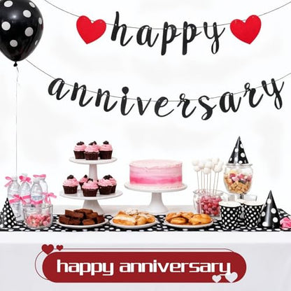 Black Happy Anniversary Banner, Anniversary Party Decorations