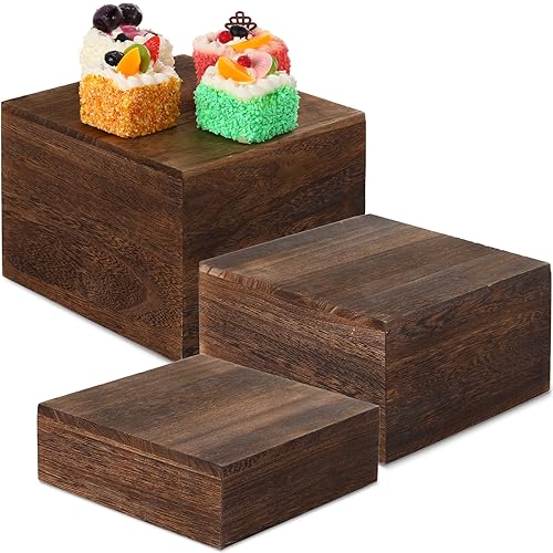 Barydat 3 Pcs Rustic Wood Risers for Display, Square Nesting Cupcake Stands