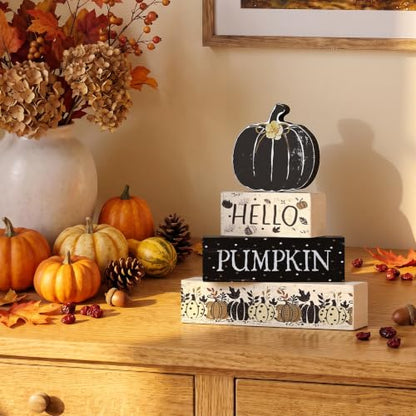 Smile Fall Wooden Decor Signs Black Pumpkin Plaque HELLO PUMPKIN Tiered Tray Tabletop for Autumn Harvest Thanksgiving Home Decorations - style: Black Pumpkin