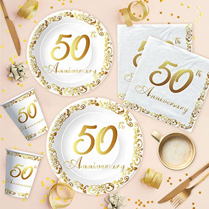 APOWBLS 50th Anniversary Decorations And Supplies Tableware Gold, Serves 24