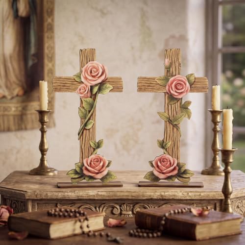 Yuntau 2 Pcs Rose Standing Cross Figurines Table Decor Wooden Rustic Catholic Statues Table Ornament Religious Pink Gift for Kitchen Mantel Home Decor Party Supplies Decoration - style: Rose Standing Cross