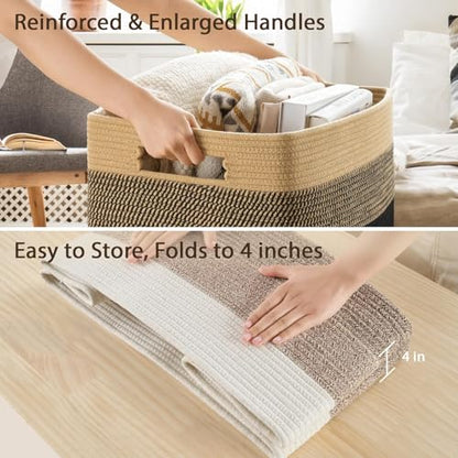 Optish 95L Large Woven Blanket Basket, Cotton Rope Laundry Basket, Brown - color: White & Mix Brown, size: 24" x 17" x 13.5"(95L)