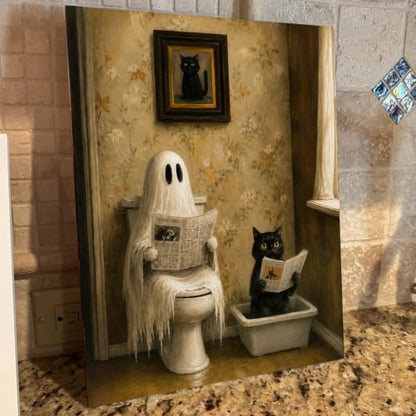 Halloween Bathroom Wall Art Canvas Print Framed Ghost Black Cat in Poster - color: Z