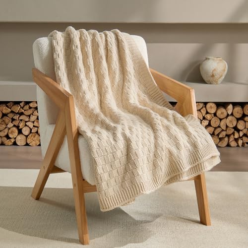 Beige Throw Blanket, Cute Checkerboard Knit, 50x60 Inches - color: Check-beige, size: 50"x60"