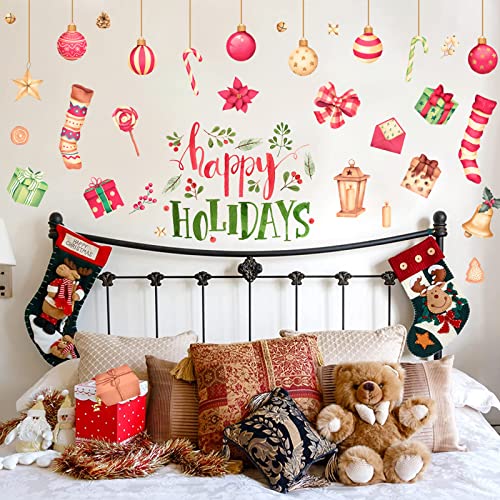 Happy Holiday Wall Stickers Christmas Window Stickers with Socks Candy Copper Bell Decals Removable Vinyl Wall Decals Window Xmas Self-Adhesive Holiday Home Decoration - color: Christmas-14