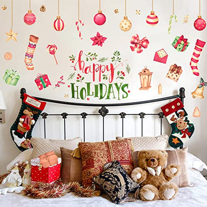 Happy Holiday Wall Stickers Christmas Window Stickers with Socks Candy Copper Bell Decals Removable Vinyl Wall Decals Window Xmas Self-Adhesive Holiday Home Decoration - color: Christmas-14