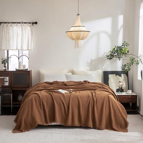 FOSSA Muslin Blanket 4-Layer 100% Cotton Gauze Blanket with Fringe 90"x90" - color: Dark Orange, size: Queen (90" × 90")