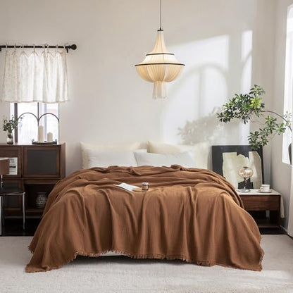 FOSSA Muslin Blanket 4-Layer 100% Cotton Gauze Blanket with Fringe 90"x90" - color: Dark Orange, size: Queen (90" × 90")