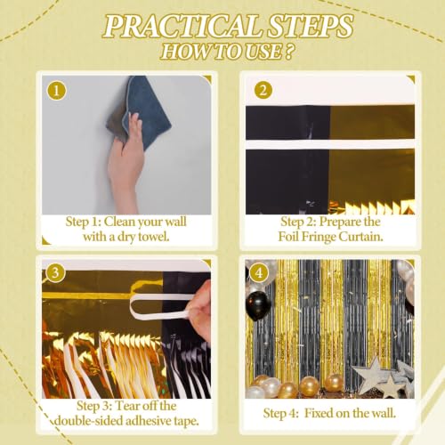 DECOCKRAT 3 Pack Foil Fringe Backdrop - Black&Gold Shiny Tinsel Curtains for Party Decoration/Photo Booth Props - 3.3x8.2 FT Metallic Foil Backdrop for Birthday, Wedding, Graduation, Christmas. - color: Black&Gold