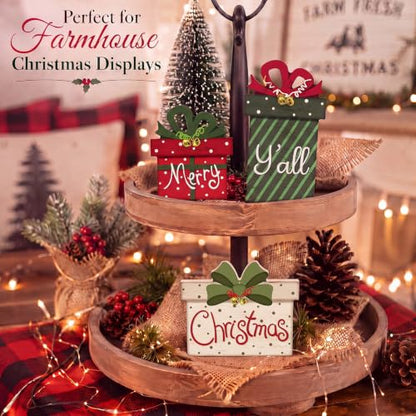 3 Pcs Farmhouse Christmas Table Decoration Rustic Wooden Gift Box Sign - style: Farmhouse