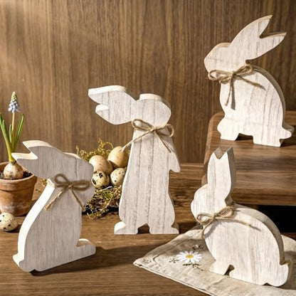 Easter Decorations: 4 pcs Rustic Wooden Easter Bunny Table Signs, Farmhouse Freestanding Tiered Tray Decor for Home Gifts, White