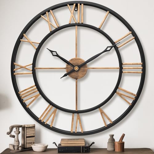 16 Inch Metal Vintage Gold Roman Numerals Round Large Wall Clock - color: Vintage Gold, size: 16 inch