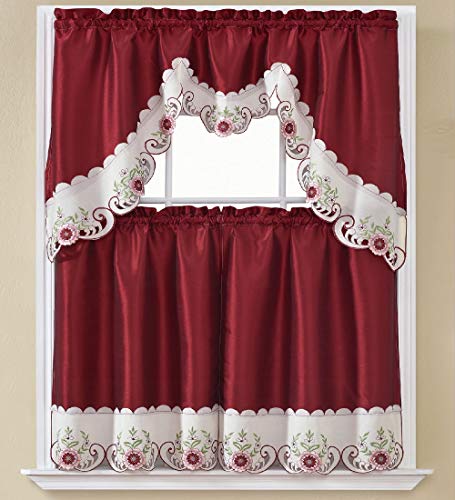 B&H Home Emma Floral Embroidered 3-Piece Kitchen Curtain Window Treatment Set (Emma Burgundy) - color: Emma Burgundy