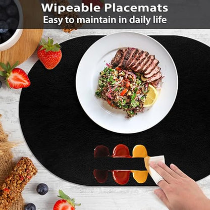 ADRIMER Oval Placemats Set of 6, Wipeable Faux Leather, Black - color: Black