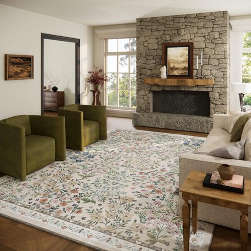 Washable Area Rug for Living Room: 9x12 Area Rugs for Bedroom Vintage Stain Resistant Non Slip Low Pile Soft Indoor Carpet Rug for Kitchen Dining Room Farmhouse Kids Room Nursery - color: Floral-light Beige, size: 9' x 12' (Rectangular)