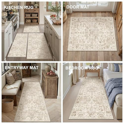 Washable Neutral Beige Kitchen Runner Rug Set of 3 - color: Neutral | Beige, size: 20"x32"+20"x48"+30"x50"