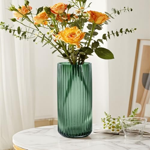 Emerald Green Glass Vase 11 Inch Tall Flower Vase for Bouquet, Dining Table Center Entryway, Vintage Decorative Ribbed Cylinder Vase for Centerpieces, Home Decor, Living Room, Office, Wedding - color: Green, size: Large - 11''H