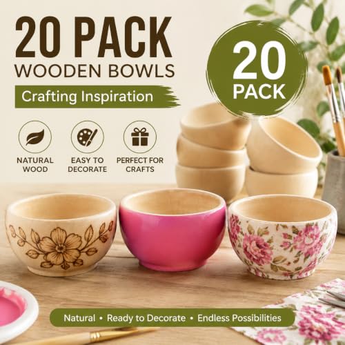 ZENFUN 20 Pack Wooden Pinch Bowls, Mini Unfinished Bowl Set for DIY Crafts, 1.5 oz Condiment Bowls, Small Round Bowl for Sorting, Dipping Sauce, Nuts, Spice, Candy, 1.1 x 2.1 Inches