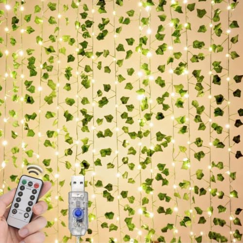 Fake Vines with Fairy Lights 12PCS 86FT Artificial Ivy Garland with Lights 8 Modes Remote Hanging Plants Faux Greenery Leaves for Bedroom wall Art Aesthetic Office Wedding Party Home Garden Decor