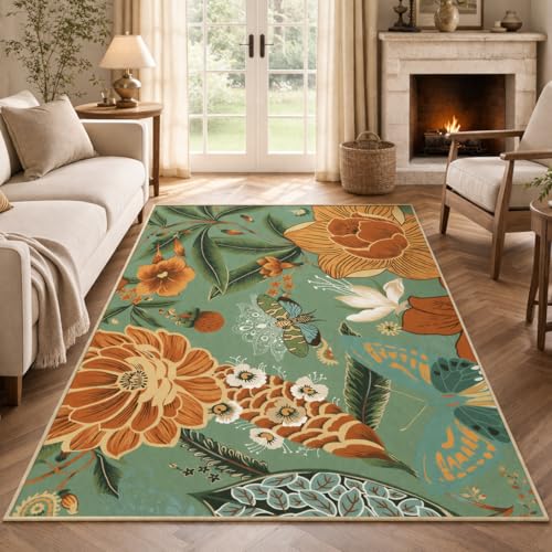 Tyrot Sage Green Boho Floral Living Room Rug, 5x7 Rug Washable Tropical Botanical Butterfly Area Rugs Flat Woven Ultra-Thin Non Slip Low Pile Carpet for Bedroom, Dining Room, Office, Kids Room - color: Sage Bloom, size: 5' x 7' (Rectangular)