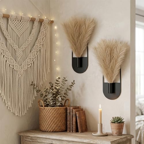 2 Pcs Boho Wall Decor Hanging Planters with Artificial Pampas - color: Black - Pampas