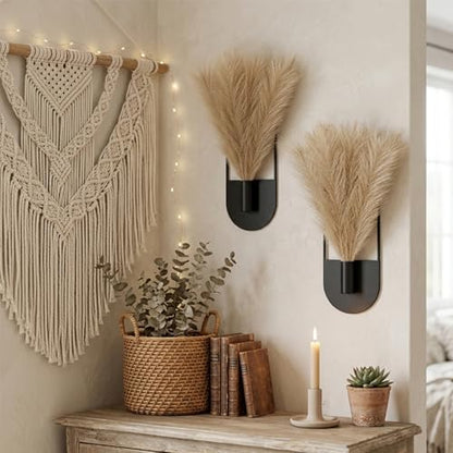 2 Pcs Boho Wall Decor Hanging Planters with Artificial Pampas - color: Black - Pampas