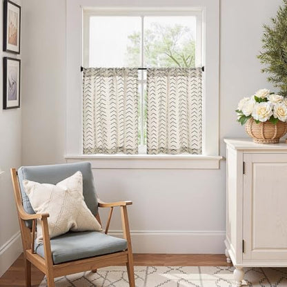 jinchan Black Boho Linen Kitchen Tier Curtains 24 Inch Rod Pocket 2 Panels - color: Arrow | Black on Linen, size: 26"W x 24"L (Pack of 2)
