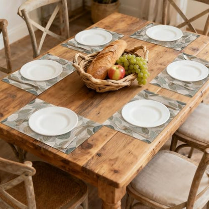 Linen Placemats Set of 6, Boho Green Leaves Washable Table Mats 12x18 Inch, Heat Resistant Non Slip Placemats for Dining Table Kitchen Everyday Use - color: Boho Green Leaves