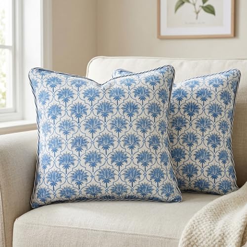 ATOSII Cotton Blockprint Throw Pillow Cover, Padma Blue, Set of 2, 24 X 24 - color: Padma, size: 24" x 24" (Pack of 2)