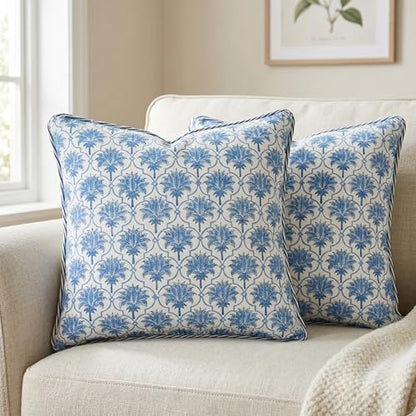 ATOSII Cotton Blockprint Throw Pillow Cover, Padma Blue, Set of 2, 24 X 24 - color: Padma, size: 24" x 24" (Pack of 2)