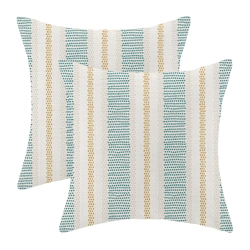 Aqua Teal Mustard Yellow Outdoor Pillow Covers 18 x 18 Inch, Beige Polka Dots Striped Decor Throw Pillows for Couch Bed, Boho Modern Farmhouse Decorative Pillowcase Linen Cushion Cover Set of 2 - color: Aqua Teal Yellow, size: 18" x 18" (Pack of 2)
