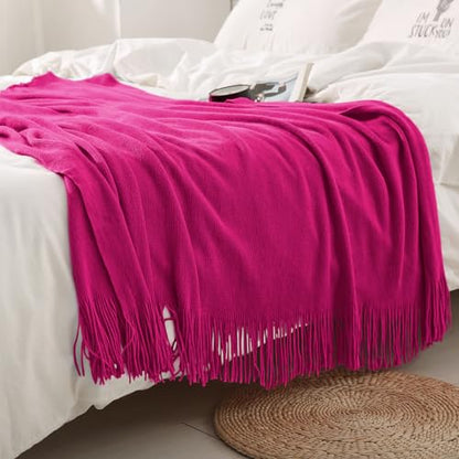 Homiest Dark Pink Knitted Throw Blanket with Fringe, 50x60 Inch - color: Fuschia, size: 50" x 60"