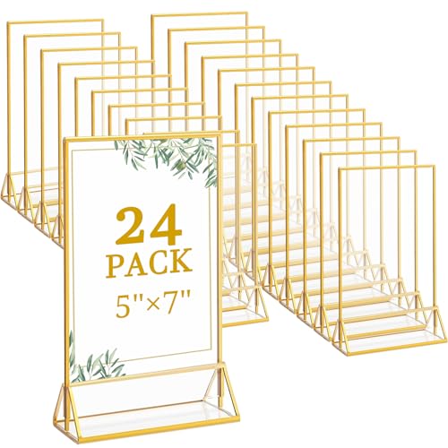Floroom 24 Pack 5x7 Inch Clear Acrylic Sign Holders, Gold Border Double-Sided Vertical Picture Frames & Display Stands for Table Numbers, Photos, Menus, Flyers, Weddings, Parties & Events - color: Gold, size: 5" x 7"- 24 Pack