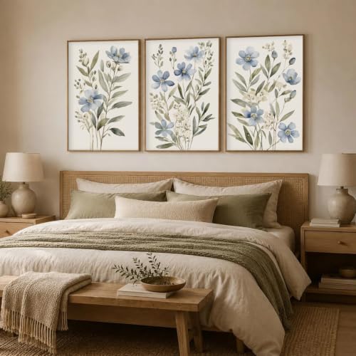 Beayum Blue Wildflower Watercolor Canvas Wall Art, Unframed, Set of 3 - color: Blue Wildflower Prints, size: 16"L x 12"W Unframed