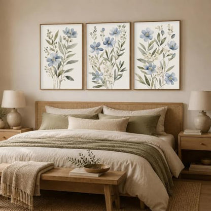 Beayum Blue Wildflower Watercolor Canvas Wall Art, Unframed, Set of 3 - color: Blue Wildflower Prints, size: 24"L x 16"W Unframed
