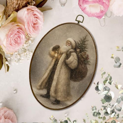 JQF Moody Winter Christmas Santa Claus Oval Wall Decor Framed 8.5x11.5 Inch - color: santa-4
