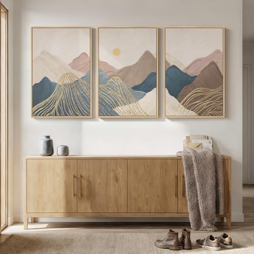 Framed Neutral Abstract Mountain 3 Piece Wall Art for Living Room, 24x36 In - color: Neutral Brown Blue, size: 24" W x 36" H x 3Pcs