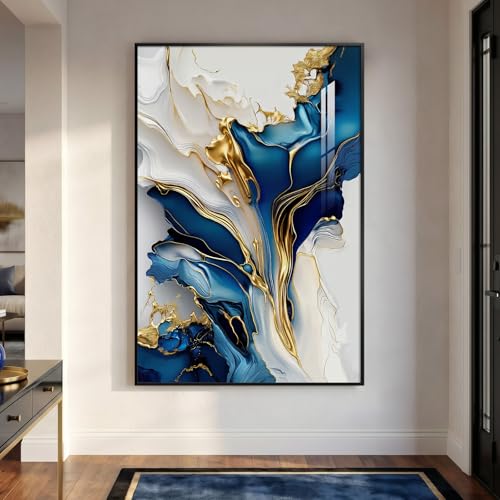 Extra Large Framed Blue White and Gold Abstract Wall Art, Vertical 40x60 In - color: Blue and White A, size: 60"L x 40"W