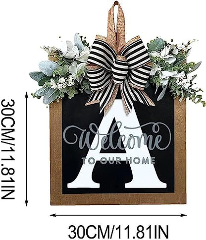 Last Name All Year Round Front Door Wreath with 26 Initial Letter Welcome Sign All Seasons Eucalyptus Garland and Bow ，Farmhouse, Porch, for Spring Summer Fall All Seasons Holiday Halloween Christmas.（A） - color: A
