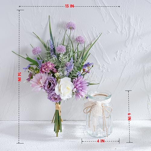 Artificial Faux Flowers in Vase-Fake Purple Transvaal Daisy and Dandelion - color: Purple & White