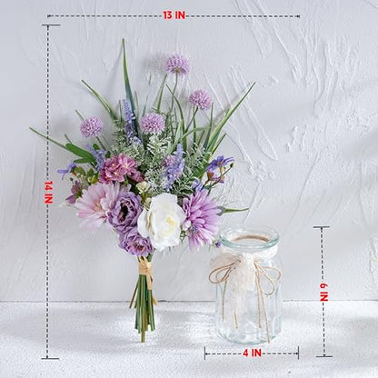 Artificial Faux Flowers in Vase-Fake Purple Transvaal Daisy and Dandelion - color: Purple & White