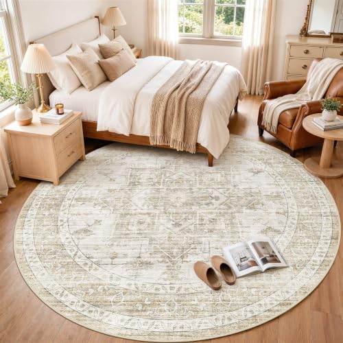 8ft Round Rugs for Living Room: 8x8 Washable Neutral Beige Area Rug - color: Beige, size: 8' (Round)