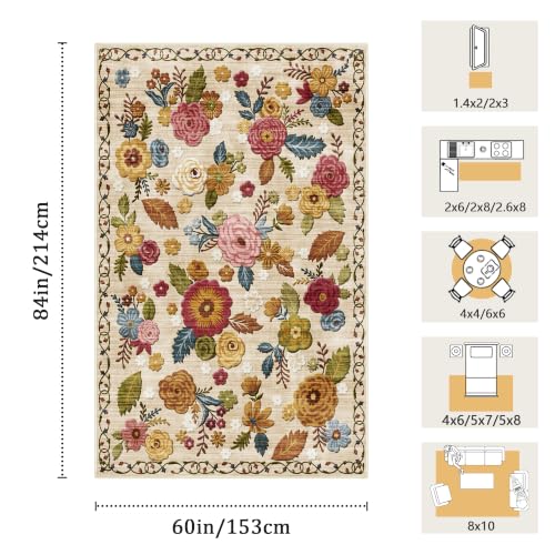 Washable 5x7 Area Rug, Beige Boho Floral Non-Slip for Living Room, Bedroom - color: Beige, Cream, Mustard, Brick Red and Blue, size: 5' x 7' (Rectangular)