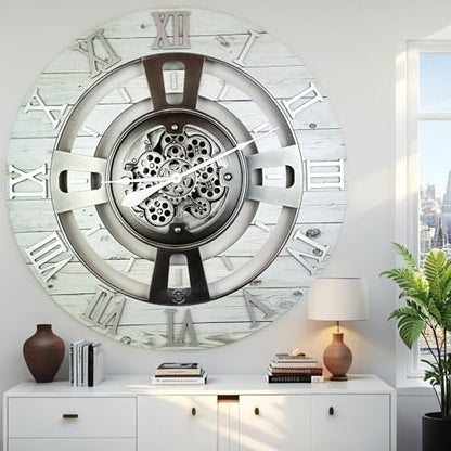 ImprovingLife The Gears Clock Real Moving Gear Wall Clock England Line (White Farmhouse, 36 inches (90 cm)) - color: White Farmhouse, size: 36 inches (90 cm)