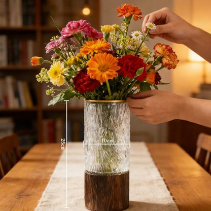 Artistic Wood Glass Vase,Wooden Base,Tall Vases Bottles for Flowers, Cylinder Vases for Wedding Centerpieces Table Shelf Decor(Asian) - style: Asian