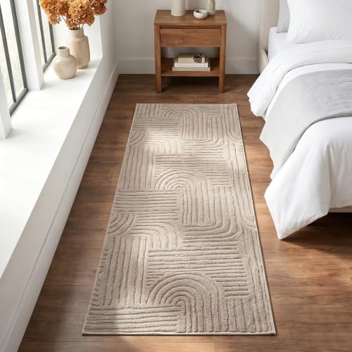 Etwel 2x6 Taupe Modern Geometric Textured High-Low Pile Washable Runner Rug - color: Neutral Taupe, size: 2' x 6'