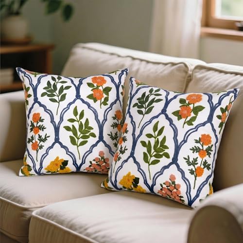Alysheer Floral Embroidered Throw Pillow Cover 18"x18", 2pcs Orange Blue - color: - Orange Mustard, size: 18" x 18" (Pack of 2)