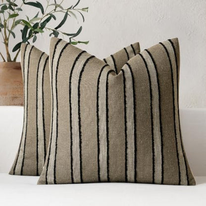 FIOUOVO Striped Linen Throw Pillow Covers 18x18 Set of 2, Taupe - color: Taupe, size: 18" x 18" (Pack of 2)