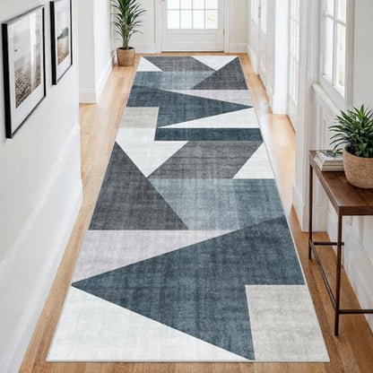 4x10 Washable Geometric Runner Rug - Non-Slip Wide Hallway Rugs Blue Grey - color: Blue/Grey, size: 4' x 10' (Rectangular)