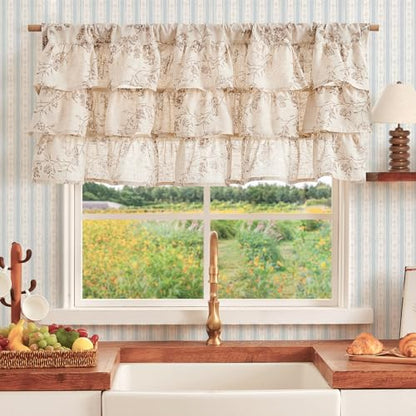 jinchan Alisa Ruffled Floral Valance Curtain 18 Inch 1 Panel Taupe on Linen - color: Alisa Taupe on Linen